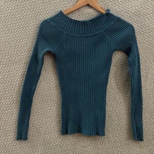 Sundance Ribbed Knit Long Sleeve Sweater Teal Green Organic Cotton Blend Size XS